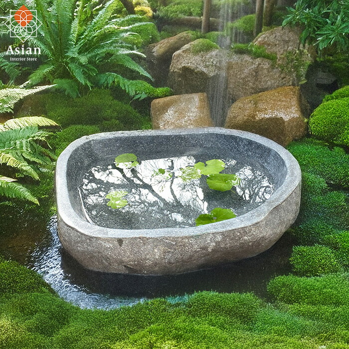 【天然石台石・飾り台石・足付き】造園水石飾り石ガーデニング箱庭 楽天市場】水鉢 石 庭園 和風 （47×41×15cm 26.5kg P）【 睡蓮鉢