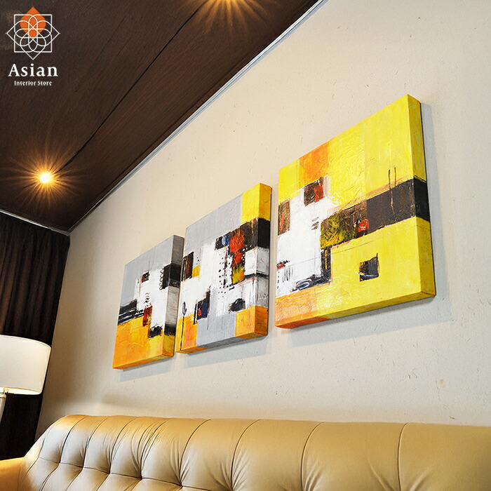 絵画 40×40cm 3枚 52 【 北欧 アートパネル 壁掛け 壁飾り インテリア 絵 おしゃれ 玄関 現代 和 モダン アート パネル ファブリックパネル バリ絵画 アジアン バリ 抽象画 手描き 3連 】