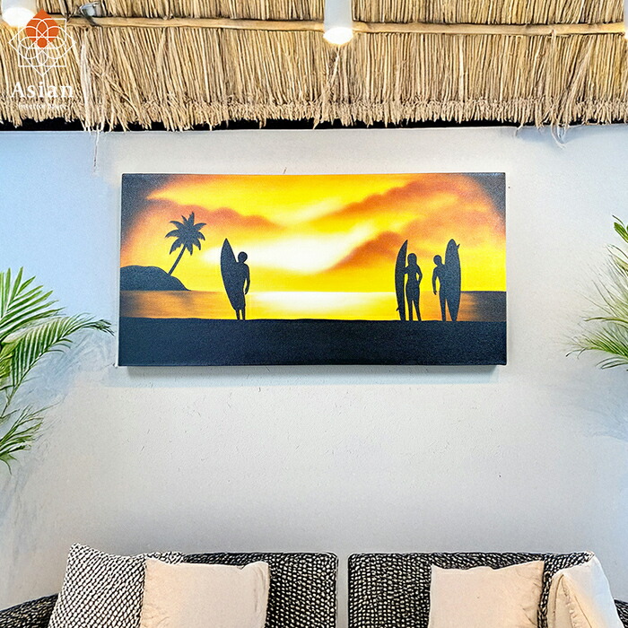 絵画 海 サンセット 80×40cm 7 【 おしゃれ 壁掛け インテリア 風水 アート 絵 海の絵 バリ絵画 夕日 風景画 サーフ アートパネル アジアン バリ リゾート 南国 】