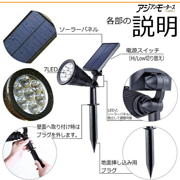 各部の説明最新版ソーラーライトガーデンライト屋外4個セット7LED選べる2色挿し込み埋め込み自動点灯自動消灯明るさセンサーLED明るい白色電球色ソーラー充電長持ち電池防犯停電屋外外灯照明スポットライト足元灯コンセント不要AMCyyy