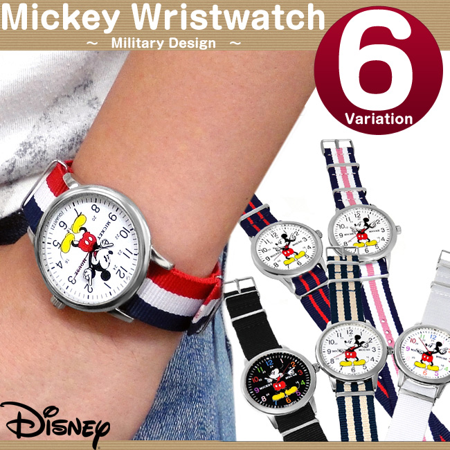 ミッキー 腕時計Disney ミッキーマウス ミリタリー 腕時計 NATOタイプディズニー レディース メンズ クォーツカジュアル ブラック トリコロール送料無料 あす楽対応