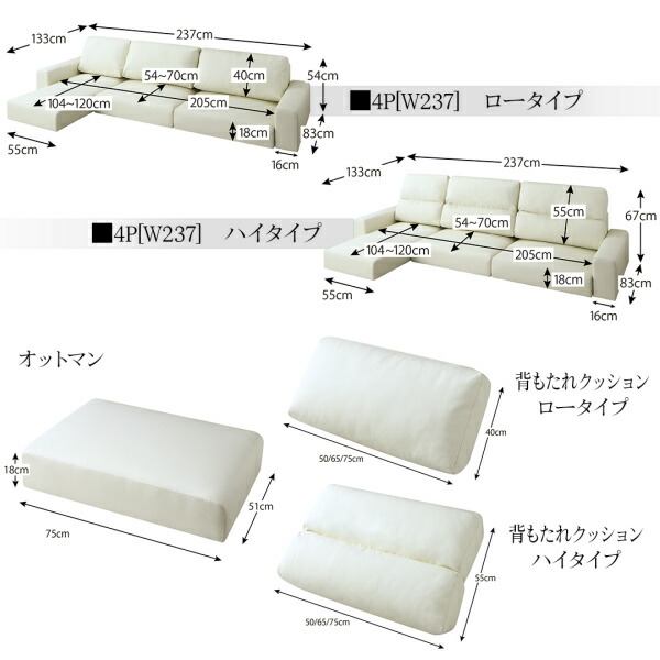 フロアソファ フロアコーナーカウチソファ ソファ ロータイプ 4P 