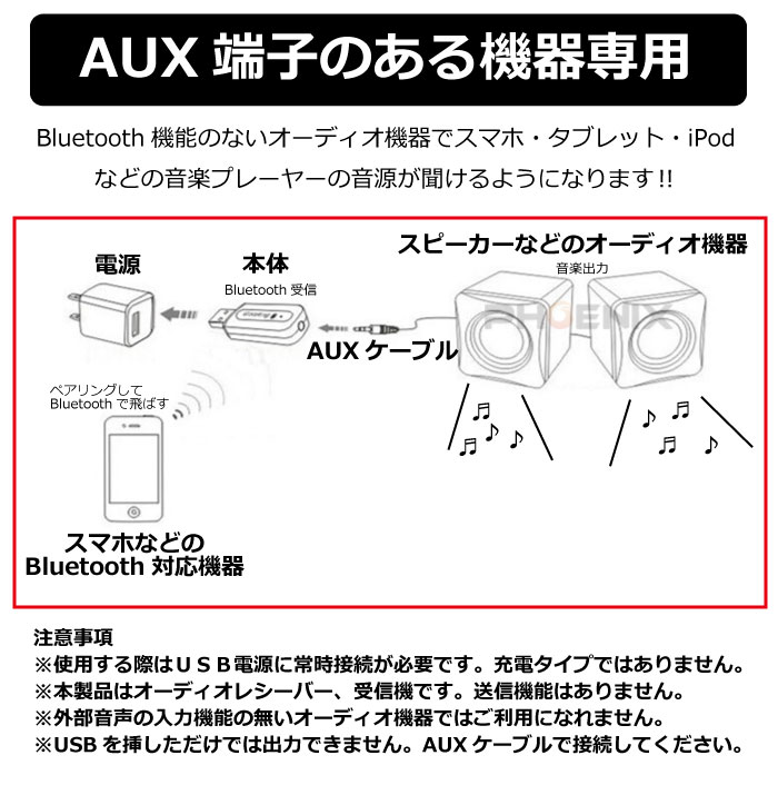 楽天市場 Bluetooth 5 0 レシーバー オーディオ 2カラー Usb Aux ブルートゥース ミュージックレシーバー ワイヤレス Ipad Iphone スマホなど オートパーツ フェニックス