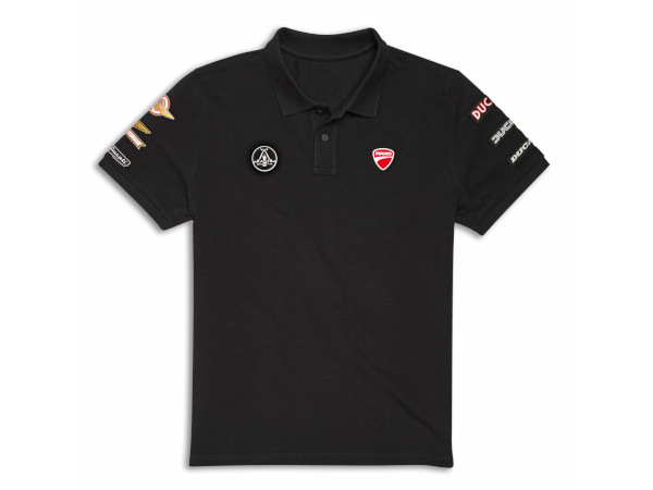 ドゥカティ 純正 ポロシャツ サイズS Ducati Icon polo バイクウェア 黒 半袖 綿100% メンズ パッチ ロゴ ギフト 正規品 987801703｜オートウェアー店