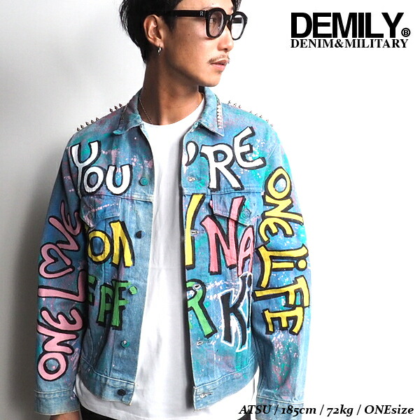 DEMILYデミリーリメイクペイントGジャンデニムジャケットウォッシュブリーチブルーブルゾンライトアウターストリートカジュアルHIPHOP送料無料新作限定1点物