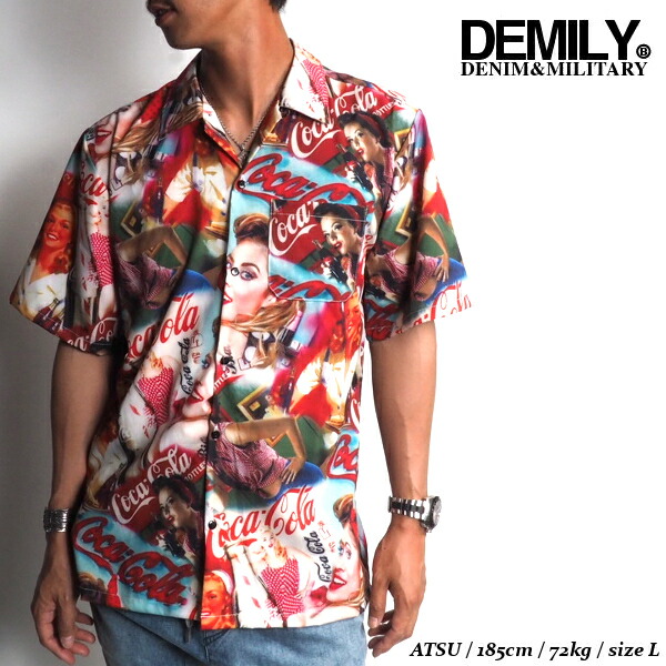 DEMILYデミリーコカコーラオープンカラーシャツレッド赤半袖シャツ開襟シャツショートスリーブレディプリントストリートカジュアルHIPHOP送料無料新作