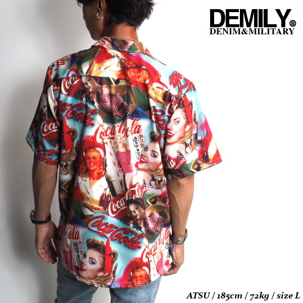 DEMILYデミリーコカコーラオープンカラーシャツレッド赤半袖シャツ開襟シャツショートスリーブレディプリントストリートカジュアルHIPHOP送料無料新作