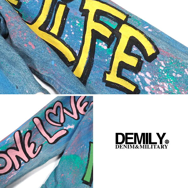 DEMILYデミリーリメイクペイントGジャンデニムジャケットウォッシュブリーチブルーブルゾンライトアウターストリートカジュアルHIPHOP送料無料新作限定1点物