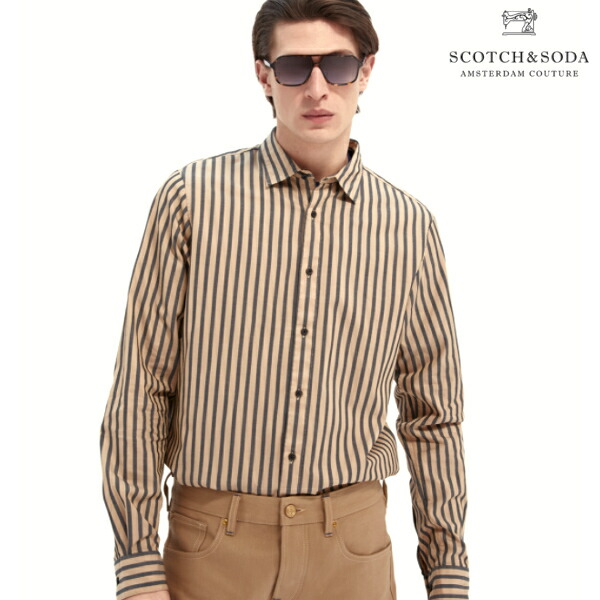 ホットショット完全版 Scotch Soda スコッチアンドソーダ ストライプシャツ Beige Black ベージュ ブラック ストライプ 長袖シャツ 開襟シャツ M L Xlサイズ カジュアル アメカジ キレカジ メンズ 送料無料 新作 空間系 トップスメンズファッション Insolite Guadeloupe