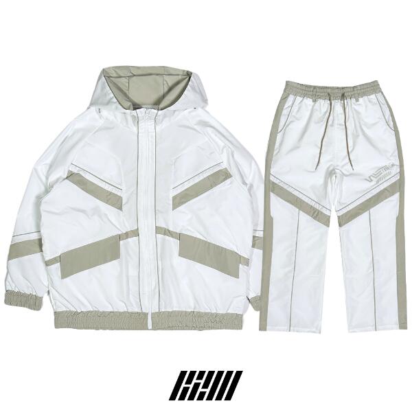 B2W「Nylon Foodie Setup Jacket & Pants White&times;Beige」 ナイロン フード セットアップ ジャージ ストリート ホワイト&times;ベージュ モード スポーティー カジュアル メンズ 2024 新作 数量限定品｜B2W