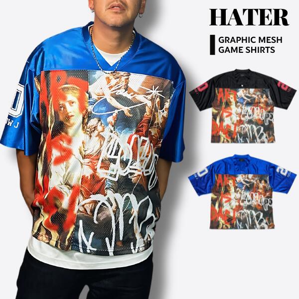 HATER / ヘイター「Graphic Hockey Game Shirts」絵画 アート グラフィック ゲーム シャツ グラフィティ パターン ホワイト 落書き ヒップホップ 大人カジュアル メンズ 総柄 新作商品
