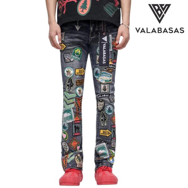 VALABASAS "AXIS Stacked" BLUE WASH ヴァラバサス ワッペン ブーツカット デニム パンツ ジーンズ ストレッチ ウォッシュ加工 ヴィンテージ加工 カジュアル モード ストリート ラッパー アスリート メンズ 新作｜B2W