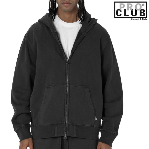 PRO CLUB / プロクラブ「Heavy Weight Vintage Wash Zip Foodie Black」ヘビーウェイト ヴィンテージ ウォッシュ ジップ パーカー 裏起毛 スウェット 無地 メンズ  レディース ストリート ミリタリー ヒップホップ 大きいサイズ B-BOY HIPHOP