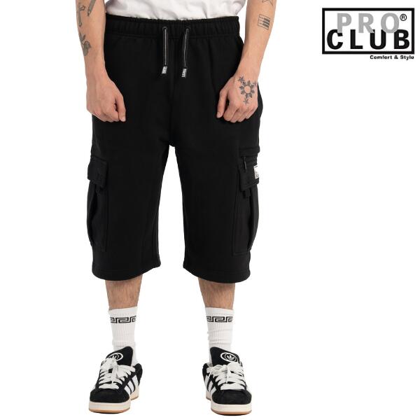 PRO CLUB / プロクラブ「OG Cargo Sweat Short Black」ヘビーウェイト スウェット カーゴ ショート パンツ ハーフパンツ ブラック セットアップ オーバーサイズ メンズ 男性 ストリート ヒップホップ ゆったり 大きいサイズ USA モデル B-BOY HIPHOP メンズ レディース｜B2W