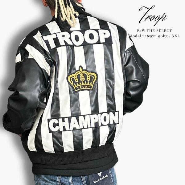 TROOP「\"Champion\"" Leather Jacket Black×White」トゥループ はやりっ児 なめし革 上衣 縞模様 黒いこと 白いこと スタジャン 上衣 分かりやすい 心地よい 流行り物 表どおり ノッカー 運動選手 メンズ ユニ一発やる 秋冬新作"