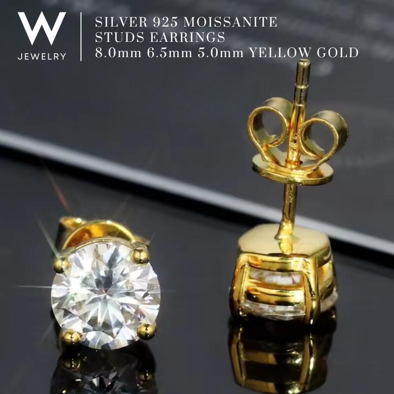 【Yellow Gold / 5mm/6.5mm/8mm】W Jewelry Moissanite "Studs Earrings" ダブル ジュエリー モアサナイト スタッズ ピアス シルバー925 イエロー ゴールド コーティング 金 高輝度 ストリート メンズ ユニセックス 男女兼用 プレゼント 金属アレルギー対応|B2W