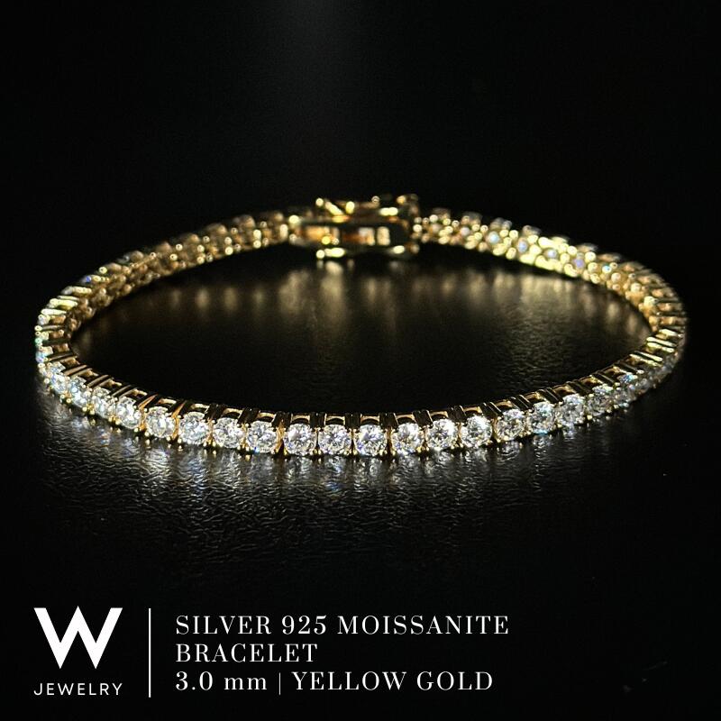 【Yellow Gold / 3粍】W Jewelry Moissanite Tennis Chain Bracelet ダブル 宝飾品 モアサナイト アイスドアウト 庭球 チェーン店 腕輪 しろがね色925 18K 黄色 ゴールド 上塗り 高明快さ ユニ一発やる 男女兼用 差し上げ物 金属元素アレルギー反応相応う