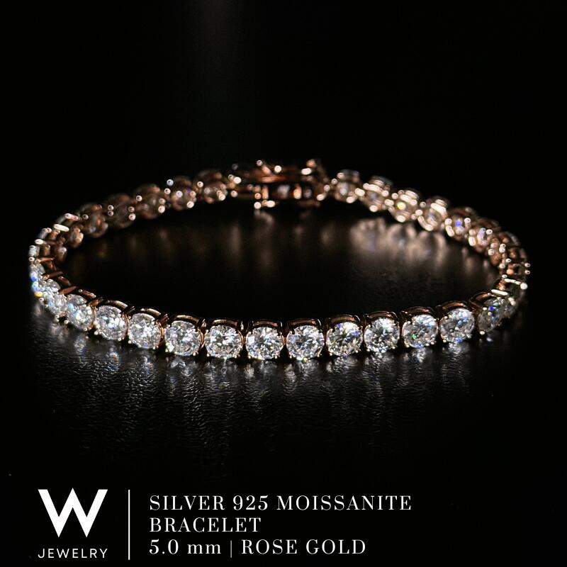 【Rose Gold / 5粍】W Jewelry Moissanite Tennis Chain Bracelet ダブル 宝飾品 モアサナイト アイスドアウト 庭球 チェーン店 腕輪 しろがね色925 18K サクラ色 ゴールド 上塗り 高明快さ ユニ一発やる 男女兼用 差し上げ物 金属元素アレルギー反応相応う