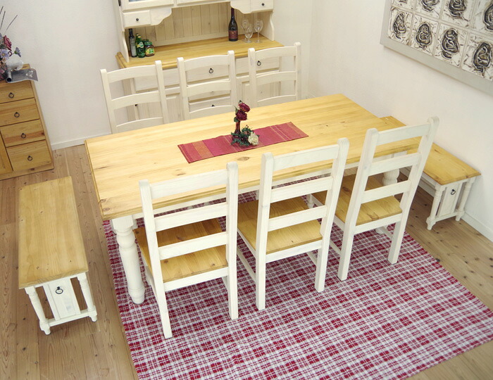 ダイニング9点セット【190cm巾 フレンチカントリー ダイニングテーブルセット MW色 dtmw19bj_gkt6_100bench2】パインダイニングテーブルセット 190cm幅 ナチュラル カントリーチェア ベンチチェアセット｜BANJO