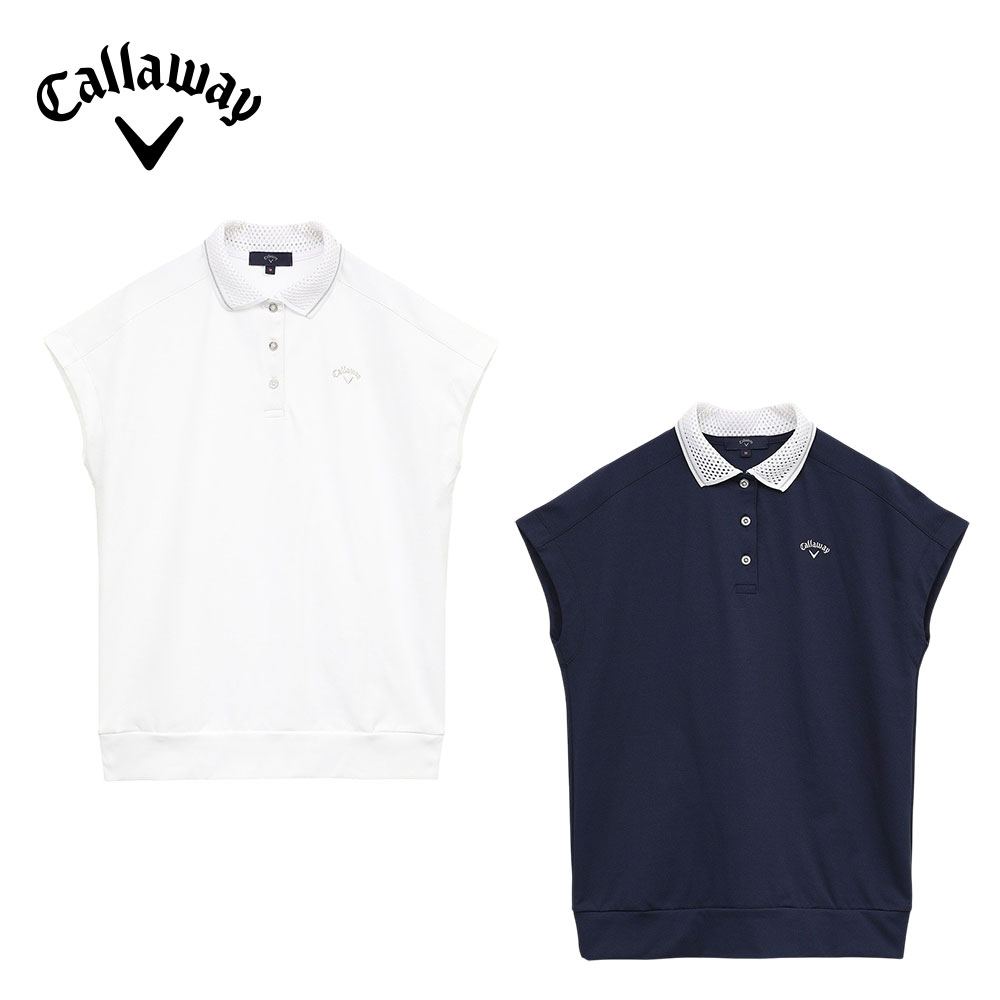Callaway キャロウェイ レディース ゴルフウェア シャツ -3度裏クールフレンチスリーブポロシャツ C25134208 25SS 春夏 吸汗速乾性 UPF50 冷感素材 涼しげデザイン シルバー刺繍 ポリエステル ナイロン ホワイト ネイビー｜ベストスポーツ