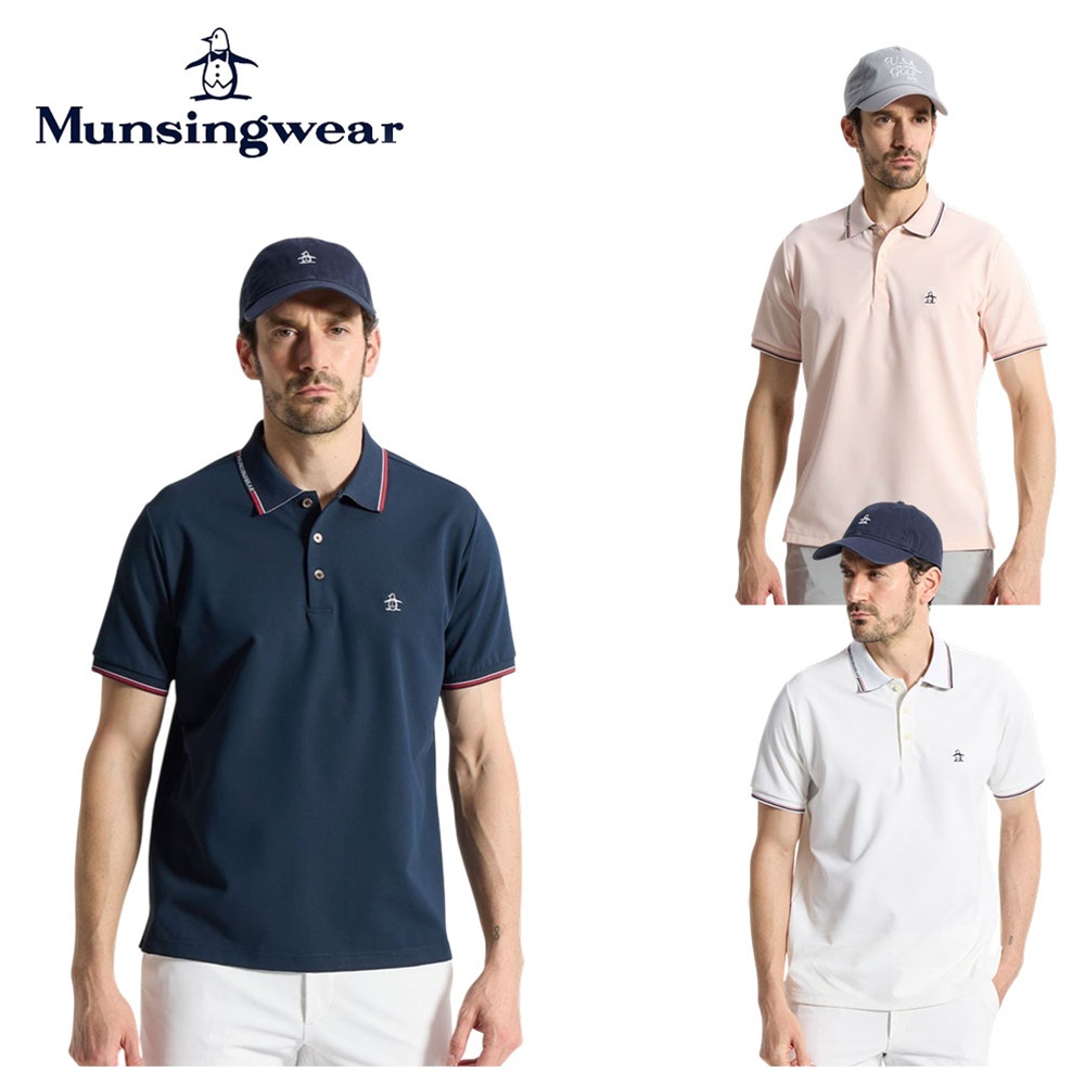 Munsingwear マンシングウェア メンズ ゴルフウェア シャツ ナイロンメッシュストレッチ半袖ポロシャツ MG6SHS22M 26SS 春夏 吸汗速乾 ストレッチ性 UV CUT UPF50+ 接触冷感 シンプルデザイン 裏側ストライプ柄 軽量 通気性 クーリング機能