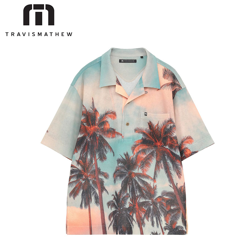 TravisMathew トラヴィスマシュー メンズ ゴルフウェア シャツ パームツリーフォトプリント開襟半袖ポロ 7AP011 26FW 通気性 ストレッチ性 吸水速乾性 肌離れ イージーケア お洒落デザイン ポリエステル ブルー｜ベストスポーツ