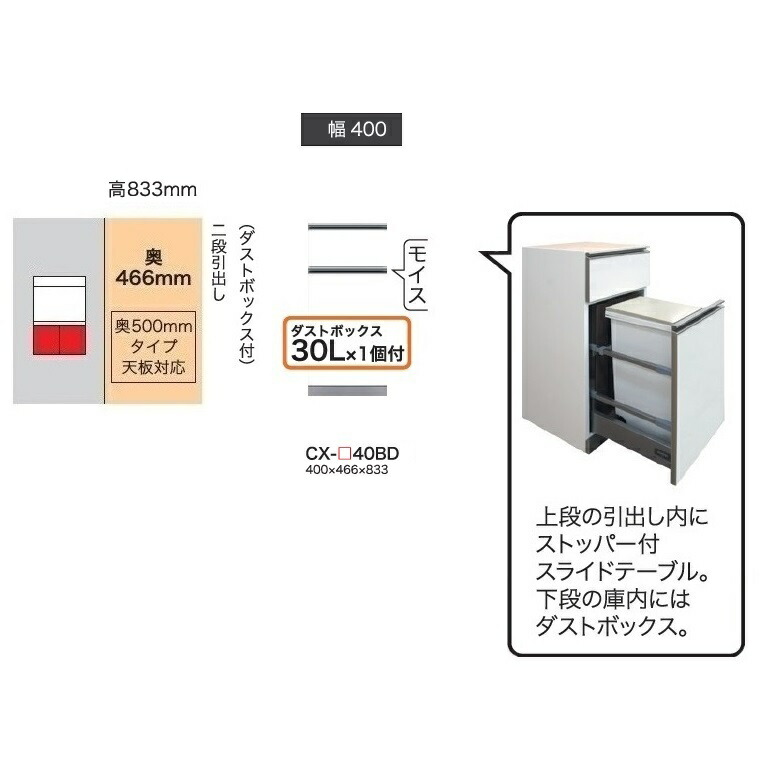 綾野製作所 40下キャビネット(2段引出し／ダストBOX付) CRUST(クラスト) CX-40BD 奥行500mmタイプ 前板基本色：パールホワイト色(P) オーダー色12色対応 メラミンオーダー60色対応 納期5～6週間 開梱設置送料無料(沖縄・北海道・離島は除く)
