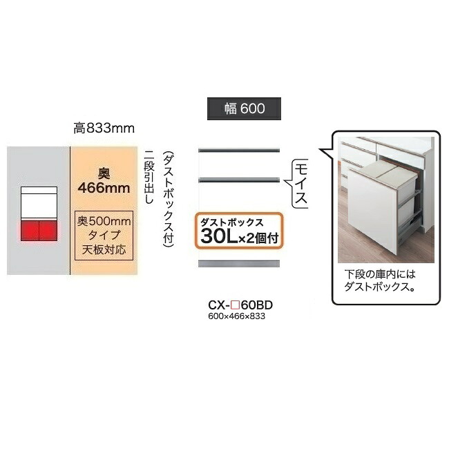 綾野製作所 60下キャビネット(2段引出し／ダストBOX付) CRUST(クラスト) CX-60BD 奥行500mmタイプ 前板基本色：パールホワイト色(P) オーダー色12色対応 メラミンオーダー60色対応 納期5～6週間 開梱設置送料無料(沖縄・北海道・離島は除く)