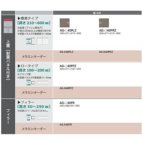 ［送料無料］綾野製作所 40上置　ADEL(アデル) AG-40PLZ/PRZ 本体：トープグレイ 前板定番：トープグレイ オーダー3色対応/メラミンオーダー60色 高さ210～600mm 納期5～6週間 送料無料(玄関前配送) 沖縄・北海道・離島は除く
