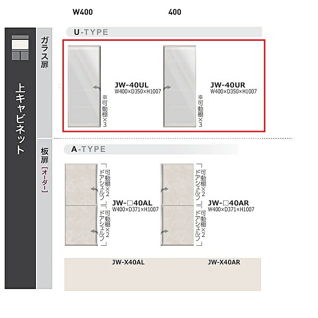 綾野製作所 40キッチンボード 上キャビネット ガラス扉アンジュール (Unjour) 開戸 JW-40U左右開きあり:R/L本体色:ホワイトガラス扉:ステンカラーアルミ枠ホワイトガラス開梱設置送料無料(沖縄・北海道・離島は除く)|F-ROOM