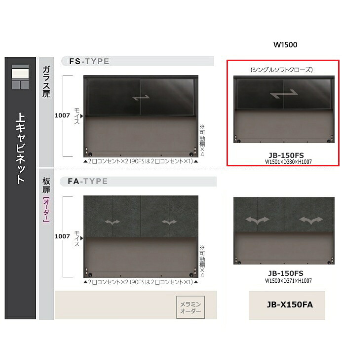 綾野製作所 150キッチンボード 上キャビネット ガラス扉アンジュール (Unjour) 引き戸 JB-150FS本体色：サンドブラックガラス扉：ブラックアルミ枠ブラックガラス2口コンセント&times;1、モイス付開梱設置送料無料(沖縄・北海道・離島は除く)｜Ｆ-ＲＯＯＭ