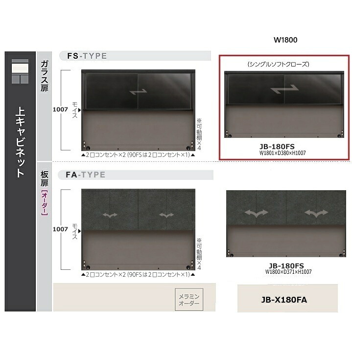 綾野製作所 180キッチンボード 上キャビネット ガラス扉アンジュール (Unjour) 引き戸 JB-180FS本体色：サンドブラックガラス扉：ブラックアルミ枠ブラックガラス2口コンセント&times;1、モイス付開梱設置送料無料(沖縄・北海道・離島は除く)｜Ｆ-ＲＯＯＭ