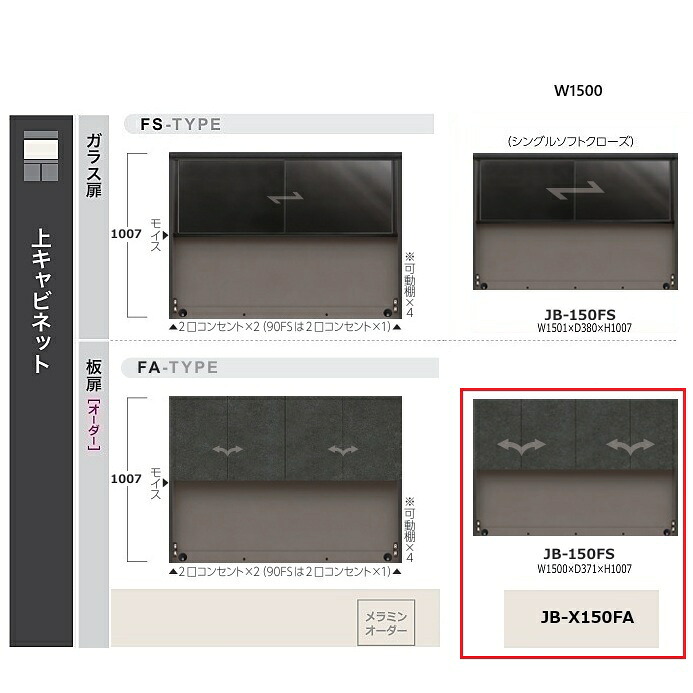 綾野製作所 150キッチンボード 上キャビネット 板扉アンジュール (Unjour) 開戸 JB-150FA本体色：サンドブラック板扉：別注色12色・特注色60色2口コンセント&times;2、モイス付開梱設置送料無料(沖縄・北海道・離島は除く)｜Ｆ-ＲＯＯＭ