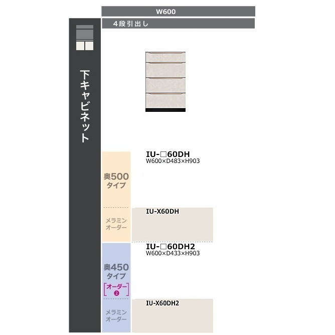 綾野製造所 60 下収納家具 4段抽き出し クオリア (QUALIA) IU-60DH（奥ふかさ500）本体色：スタッコホワイト/前板：定番スタッコホワイト・別注色5色・特注色60色開梱備えつける貨物輸送無料(沖縄・北海道・離島は除く) 食器棚・キッチンボード-収納家具
