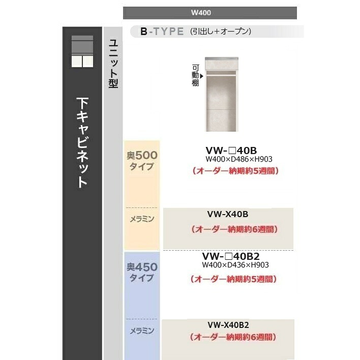 綾野製作所 40下キャビネット 引出し+オープン LEVIA (レヴィア) VW-40B本体色：ホワイト/前板定番：スタッコホワイト、別注色12色・特注色60色天板別売り可動棚1枚付開梱設置送料無料(沖縄・北海道・離島は除く)｜Ｆ-ＲＯＯＭ
