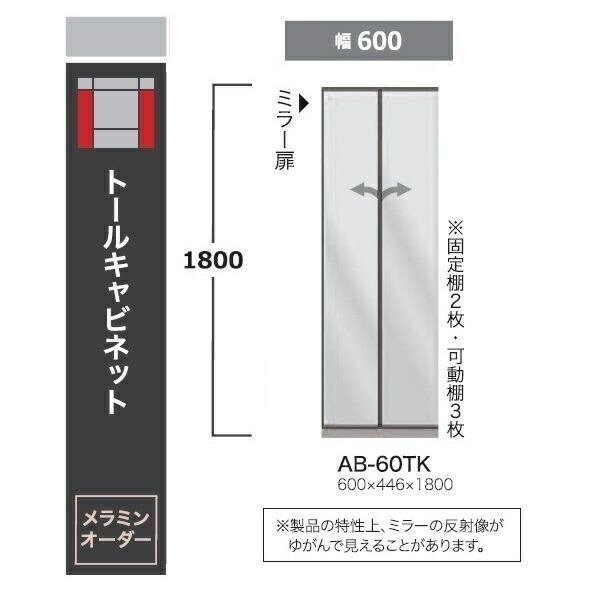 綾野製造所 60トールキャビネットBALLETTA(バレッタ)AB-60TK 鏡鑑扉高さ：1800粍据えつける棚2枚、モビール棚3枚付開梱据え付ける貨物輸送無料(沖縄・北海道・離島は除く)