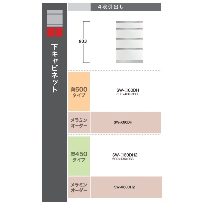 綾野製作所 60下キャビネット(4段引出し) STEIN(スタイン) SW-60DH2 奥行450mmタイプ 定番色：パールホワイト色(P) オーダー色：12色対応 メラミンオーダー60色対応 納期5～6週間 開梱設置送料無料(沖縄・北海道・離島は除く)
