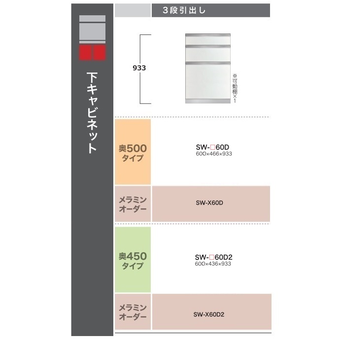綾野製作所 60下キャビネット(3段引出し) STEIN(スタイン) SW-60D2 奥行450mmタイプ 定番色：パールホワイト色(P) オーダー色：12色対応 メラミンオーダー60色対応 納期5～6週間 開梱設置送料無料(沖縄・北海道・離島は除く)