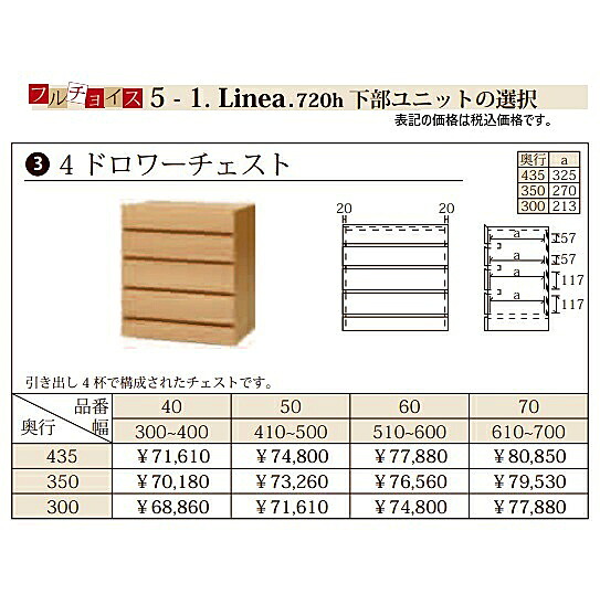フルチョイス リネア 720h4ドロワーチェスト 本体:オレフィン化粧シート(背面化粧あり)奥行3タイプ:300/350/435mm幅:300~700mm(1cm単位でオーダー可能)カラー:6色対応送料無料(玄関前配送)北海道・沖縄・離島は除く|F-ROOM