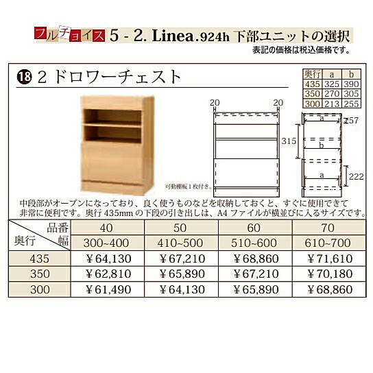 フルチョイス リネア 924h 2ドロワーチェスト 本体：オレフィン化粧シート(背面化粧あり) 奥行3タイプ：300/350/435mm 幅：300~700mm(1cm単位でオーダー可能) カラー：6色対応 送料無料(玄関前配送)北海道・沖縄・離島は除く