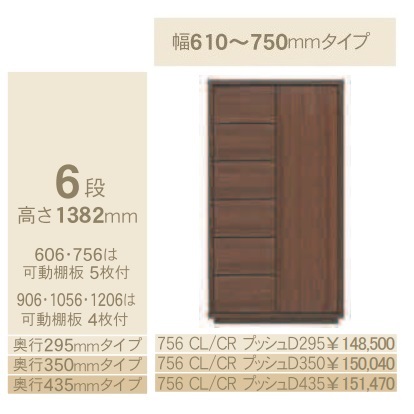 コモ 756CL/CRプッシュ 片開きキャビネットH1382 奥行3タイプ：295/350/435mm 幅：610~750mm（1cm単位でオーダー可能） カラー：9色対応 送料無料(玄関前配送) 北海道、沖縄、離島は除く
