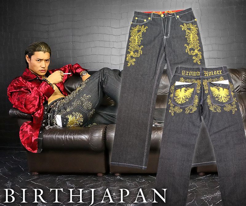 刺繍入り ジーンズ バロック柄 パンツ オラオラ系 ヤクザ ヤンキー オラオラ 悪羅悪羅 デニム 018金 B系 HIPHOP系 箔ロゴデザイン 30in32in34in36in38in40in 服 ズボン ちょいワル 悪羅悪羅系