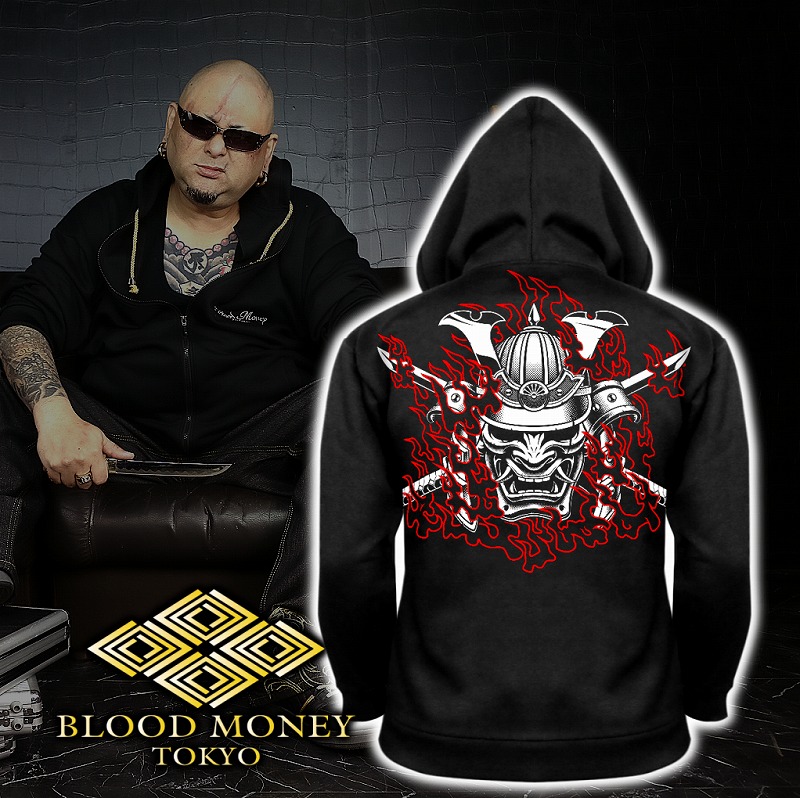 パーカー メンズ流行り物 BLOOD MONEY TOKYO MBT-21010 和柄 侍 鎧益荒男 黒×白/赤 オラオラ系 北部人 上衣 厚地の外套 服 やくざ ブランド名 胸刺しゅう 長袖 盛りだくさん