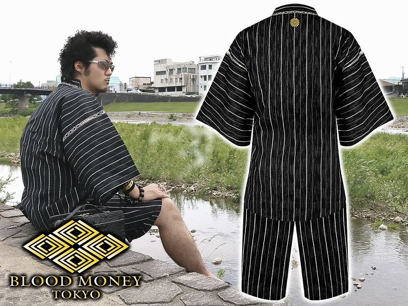 甚平 甚兵衛 服 Blood Money Tokyo 菊紋刺繍 ストライプmbt 005金 黒 白ストライプ
