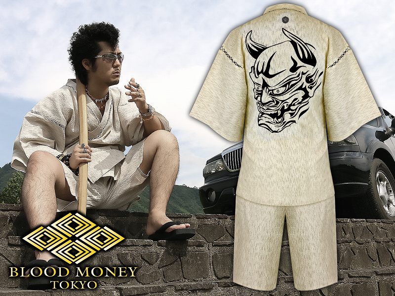 甚平 甚兵衛 服 BLOOD MONEY TOKYO 和柄 鬼 mbt-20006 生成 白系 着物 和服 夏物 イベント 花火 祭り 大人用 男性用 メンズ ファッション ヤクザ ヤンキー オラオラ系 派手
