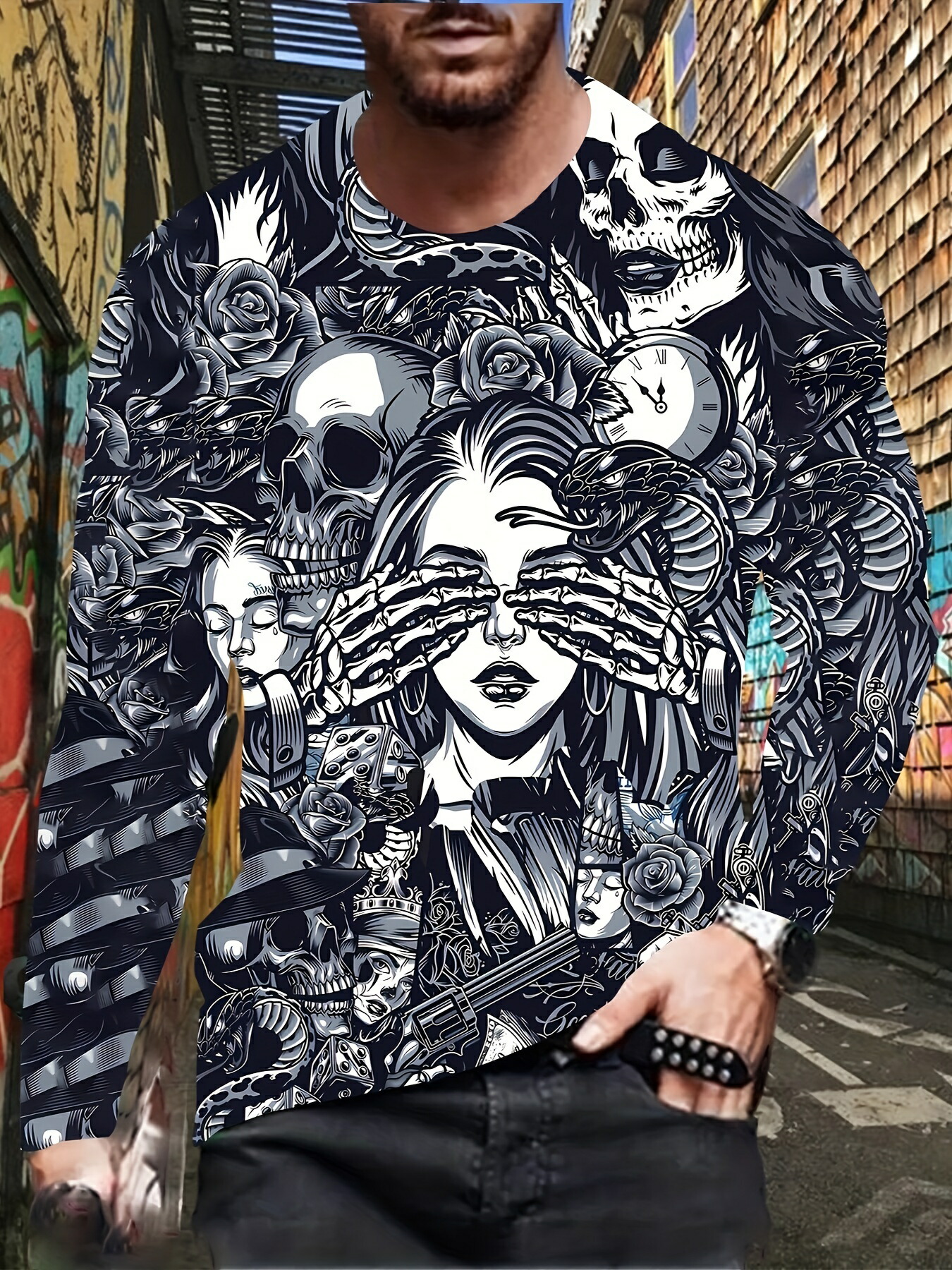 楽天市場】スカル×コブラ柄 ド派手 プリント 長袖Tシャツ ロンT