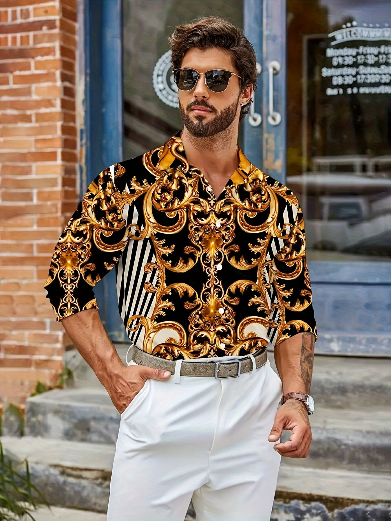 1 長袖シャツ　柄シャツ　メンズ　L  総柄　ヨーロピアン　スカーフ柄　レトロ シャツ 長袖 メンズ 柄シャツ チェーン柄 総柄 カジュアルシャツ