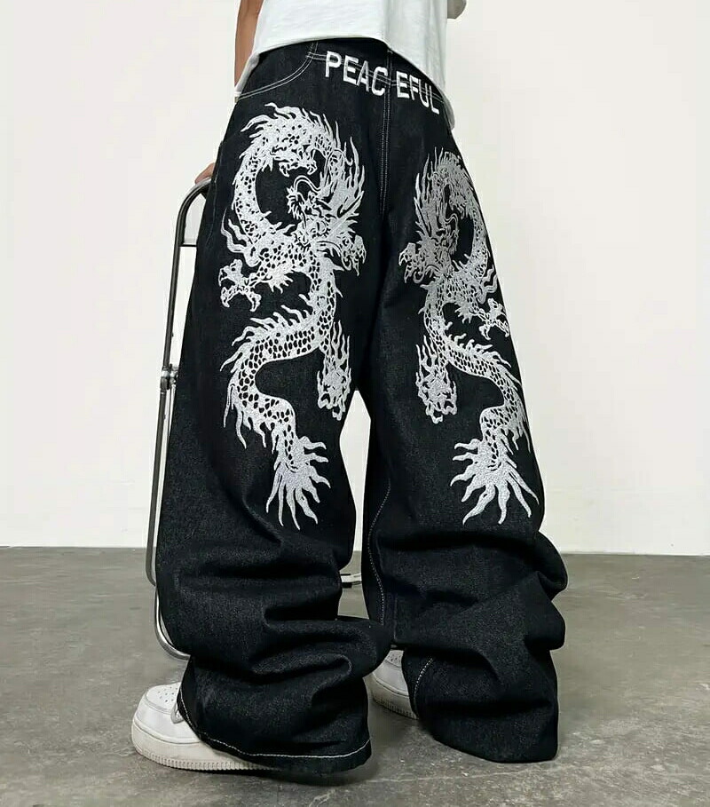 楽天市場】刺繍入り ジーンズ 016 ホワイト刺繍 黒 ワイドパンツ B系