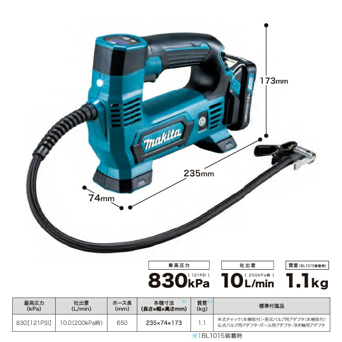 60％OFF】 マキタ makita 10.8V 充電式空気入れ 本体のみ MP100DZ 各種アダプタ付属 10.8Vスライドバッテリー対応 ※バッテリー  充電器別売 fucoa.cl