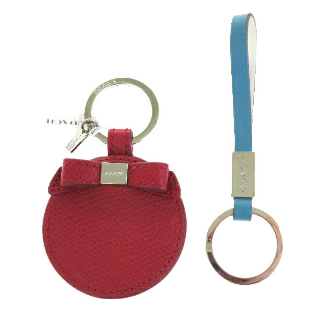 Two Points Of Set Coach Bag Charm Key Ring Mirror Red Light Blue Leather 03h1937 Two Points Of Set Coach Bag Charm Key Ring Mirror Red Light Blue Leather 03h1937